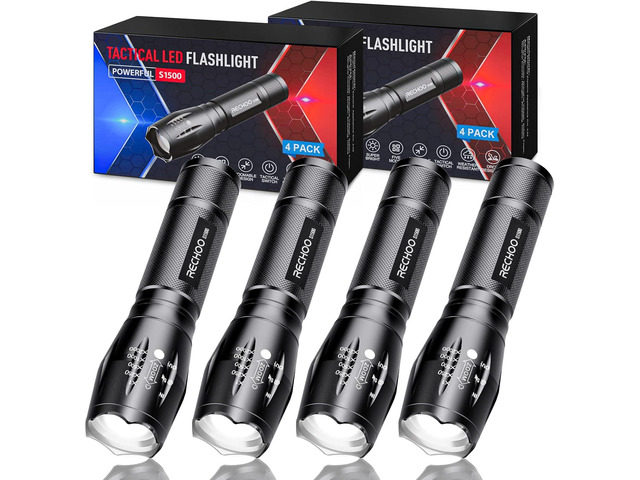 RECHOO Tactical Flashlight 4 Pack, Bright Zoomable LED Flashlight with High Lumens and 5 Modes, Waterproof Portable Pocket Flash Light for...