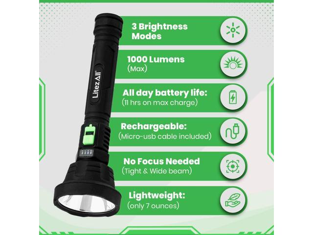 LitezAll Rechargeable Soft Touch LED Flashlight, 70 Lumens, Hybrid Beam, Compact Ultra Lite Flashlight with Tough Resin Body, Rubberized Grip, Long...