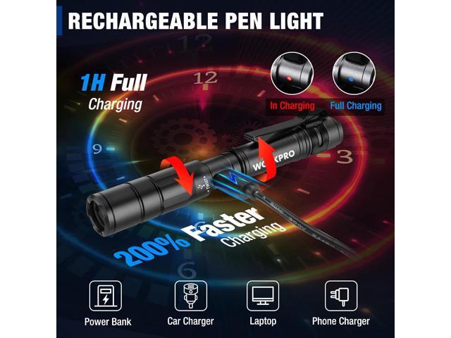 WORKPRO Rechargeable Pen Light, Mini Flashlight, 2 Pack Ultra-Compact EDC Flashlight, Pocket Flashlight with Clip, Memory Function and 2 x USB C...