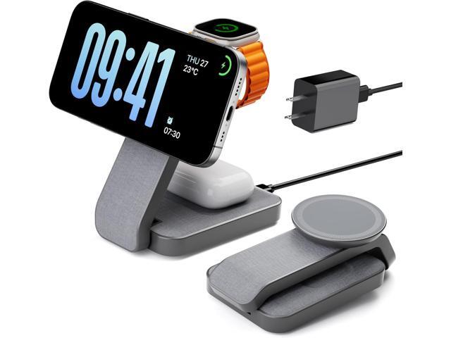 3 in 1 Foldable Wireless Charging Station for MagSafe, Nightstand Magnetic Charger Stand for iPhone 16 15 14 13 Pro Max, Travel Charging Dock with...