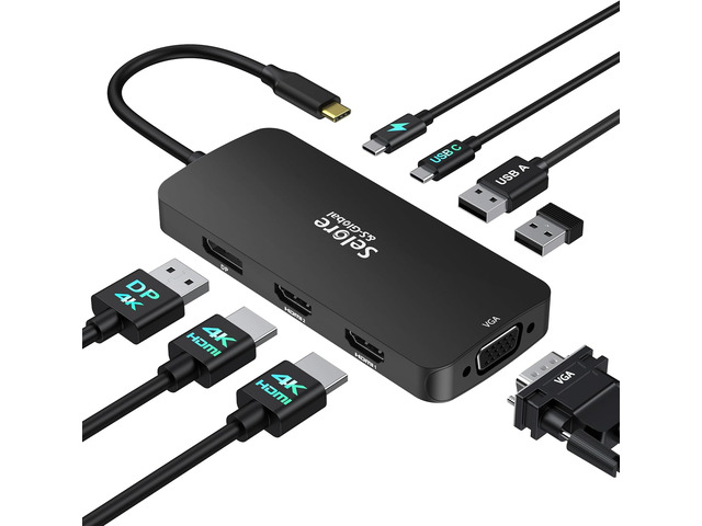 USB C Docking Station Dual HDMI Monitor Adapter, Selore USB C Hub 3 Monitors with Dual HDMI, Displayport, VGA, 100W PD Charging, 3USB 2.0 Ports...