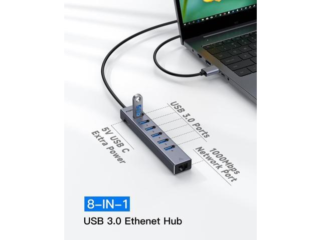 FORIDA Aluminum USB to Ethernet Adapter with 7-Port USB Hub 3.9ft Long Cable, Gigabit Ethernet Port, 5V/3A Power Port USB Extender Compatible...
