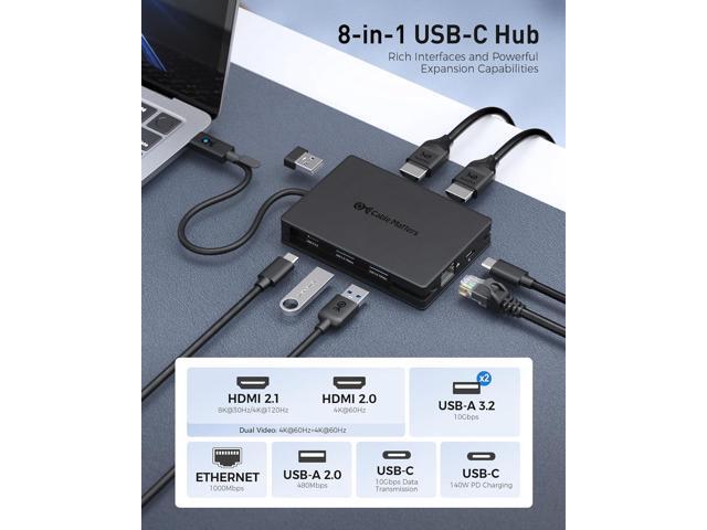 Cable Matters 8-in-1 USB C Hub Multiport Adapter with Dual 4K@60Hz HDMI, 140W PD Charging, Gigabit Ethernet, 10Gbps Data Transfer: 2X USB-C & 1x...