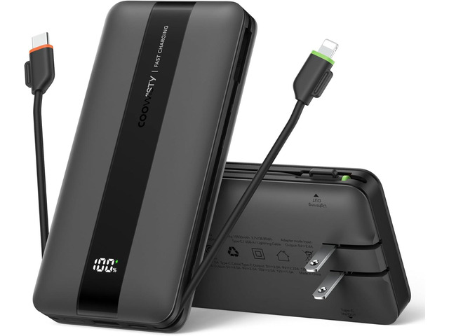 Portable Charger with Wall Plug, Fast Charging Power Bank Built-in Cables, Slim 10500mAh 22.5W 4 Outputs 3 Inputs LED Display External Battery Pack...