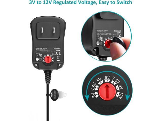24W 3V 4.5V 5V 6V 7.5V 9V 12V Universal AC/DC Adapter Multi-Voltage Regulated Switching Power Supply with 8 Round DC Plugs for LED Strip Light CCTV...