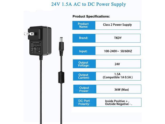 TKDY 24V 1.5A DC Power Supply Cord, Input AC 100-240V to Output DC 24 Volts Power Adapter, Compatible with 24Vdc 1.5A 1A 0.5A 500mA Led Strip Light...