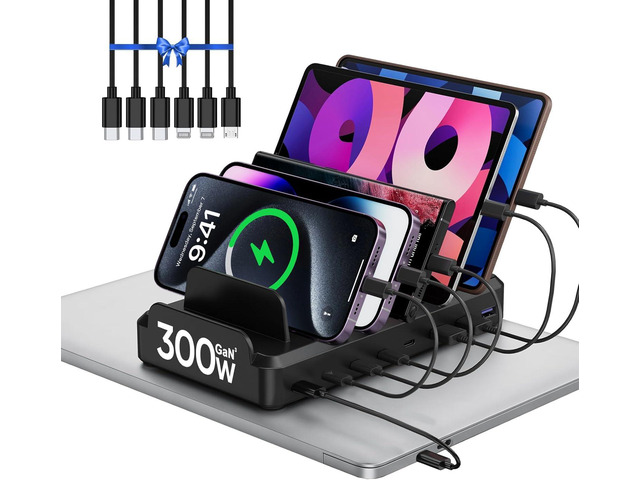 300W Charging Station for Multiple Devices, 8 Port Multi USB C Fast Charger Station Dock for MacBook iPhone 17/16/15/14/13/12 Samsung Pixel Series...