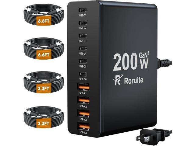 USB C Charging Station 10 Port with 4 USB Cables, 200W GaN Type C Charger Block, Wall Charger Power Strip Adapter Plug for iPad iPhone17 16 15 14...