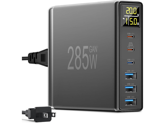 6 Port USB C Charging Station with Digital LCD Display - GaN Fast 100W USB C Charger for MacBook Laptops, iPad, iPhone, Samsung - Black