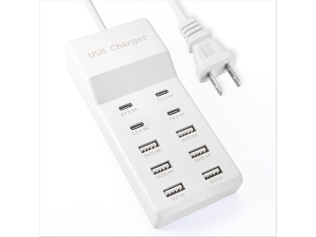 USB Charging Station with 6 USB-A and 4 USB-C Ports, 50W 10A USB Charger Block for Smart Phone, Tablet, Laptop, Multiple Devices - USB Power Strip...