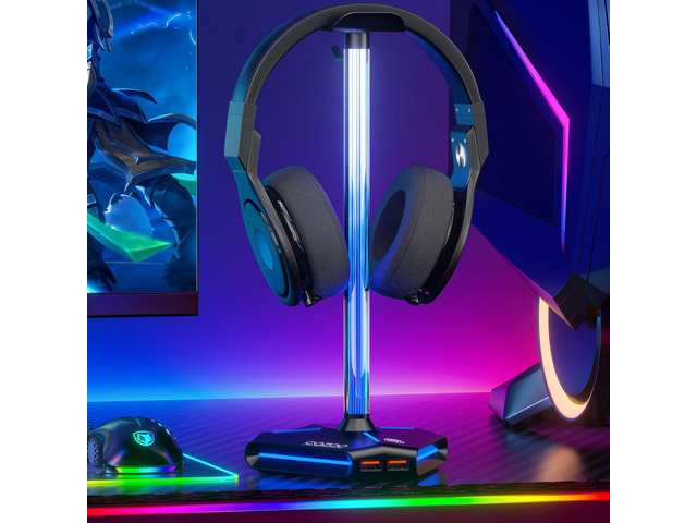 cozoo Desk headset stand Touch RGB Light Stand 4 Color Modes 2 USB Black Headphone Stand for Desk with 4 Fixed Colors & RGB Cycle...