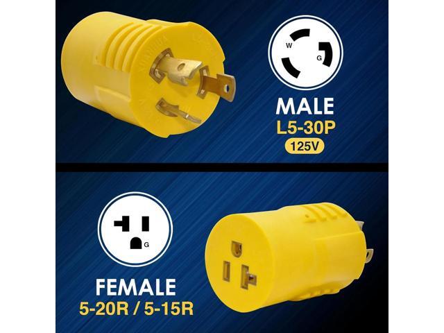 Shore Power 30A to 15A Generator Connector, NEMA L5-30P to 5-15R / 5-20R, 30 Amp to 110V Adapter, ETL-Certified, RV, Marine, and Household Use