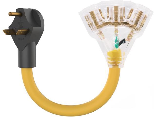 RV/Generator to Household Appliances Adapter, NEMA TT-30P to 3x 5-15/20R, 3 Prong Distribution Adapter, 30Amp to 20Amp, 110V, 1 FT, for Camping