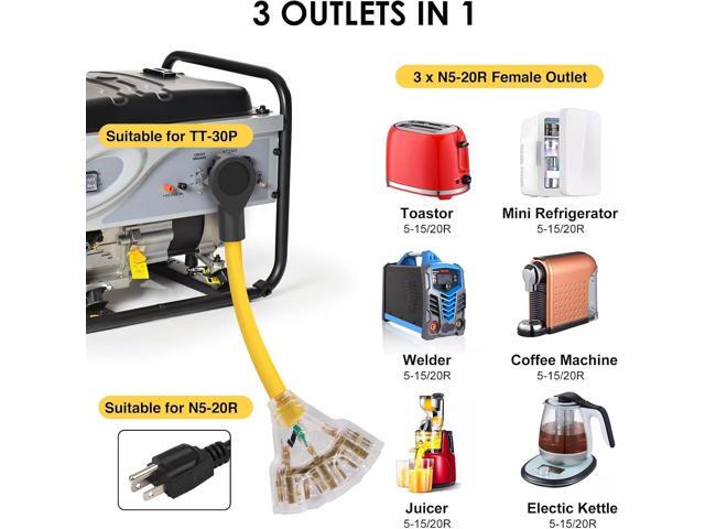 RV/Generator to Household Appliances Adapter, NEMA TT-30P to 3x 5-15/20R, 3 Prong Distribution Adapter, 30Amp to 20Amp, 110V, 1 FT, for Camping