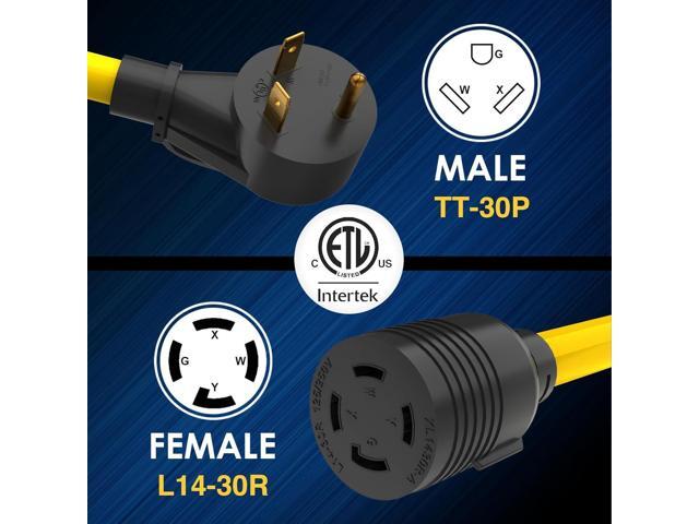 Generator/RV Transfer Switch Adapter Cord, NEMA TT-30P to L14-30R, 30Amp, 3 Prong to 4 Prong Generator Plug Adapter, 1FT