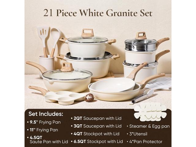 CAROTE 21Pcs Pots and Pans Set, Nonstick Cookware Sets, White Granite Induction Cookware Non Stick Cooking Set w/Frying Pans & Saucepans(PFOS, PFOA...