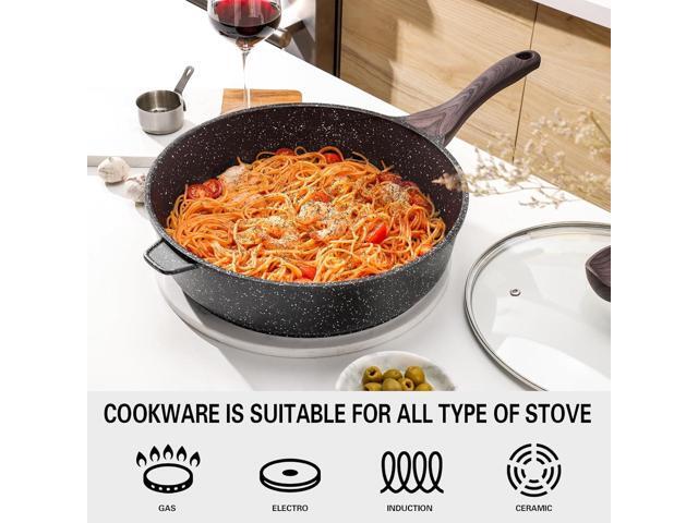Nonstick Deep Frying Pan with Lid, 12 Inch Large Skillet, 5 Qt Non Stick Saute Pan for Cooking, Healthy Induction Cookware, PFOA Free