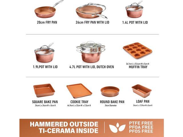 Gotham Steel Hammered 15 Pc Ceramic Cookware Set Nonstick, Deep Copper Pots and Pans Set Non Stick with Bakeware & Deep Fry Pan, Non Toxic PFOA...