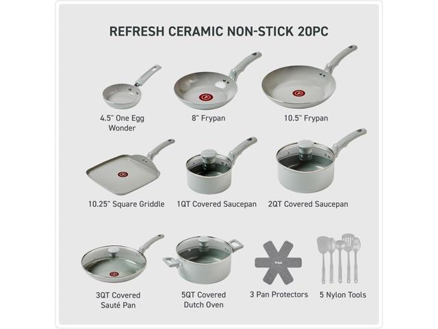 T-Fal Refresh Ceramic Pots and Pans Set, 20-Piece Nonstick Cookware Set, Stockpot, Griddle, Frying Pans, Utensils, Moon Grey