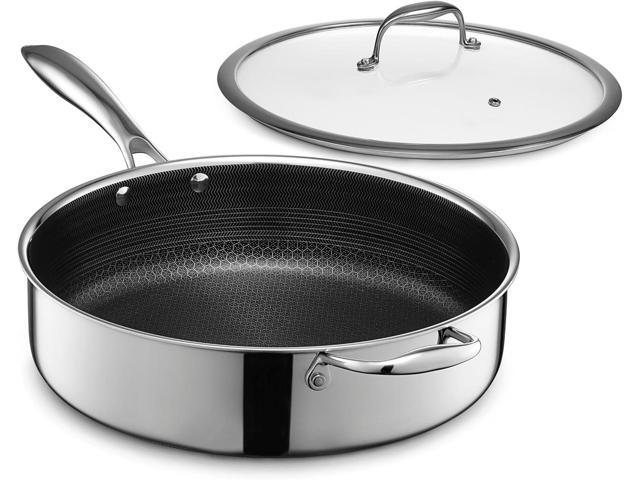 HexClad Hybrid Nonstick 5.5-Quart Deep Sauté Pan with Tempered Glass Lid, Stay-Cool Handle, Dishwasher-Friendly, Oven-Safe Up to 900°F, Induction.