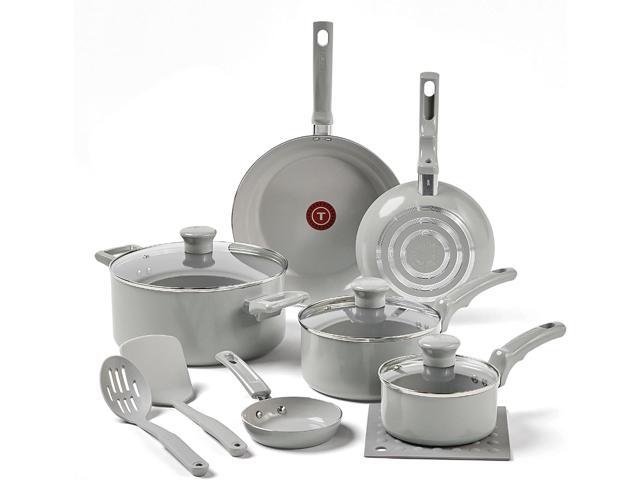 T-Fal Refresh Ceramic Nonstick Cookware Set, 12-Piece Ceramic Pots and Pans Set, Includes Stockpot, Griddle, Frying Pans, Utensils, Moon Grey
