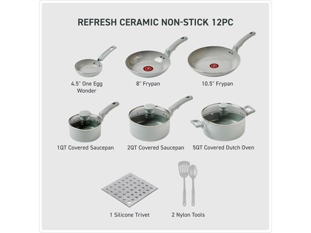 T-Fal Refresh Ceramic Nonstick Cookware Set, 12-Piece Ceramic Pots and Pans Set, Includes Stockpot, Griddle, Frying Pans, Utensils, Moon Grey