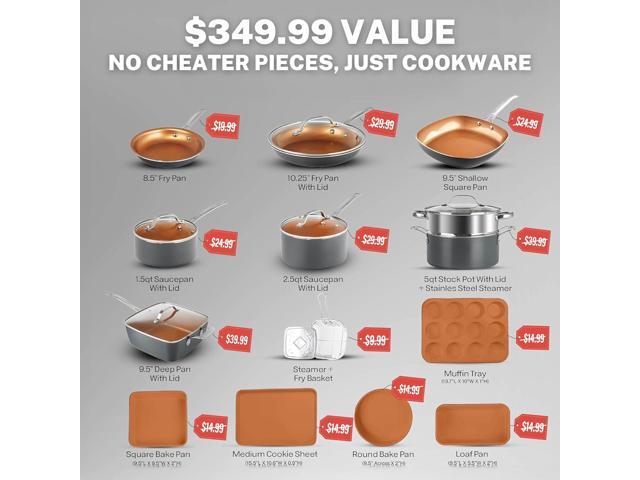 Gotham Steel True 20 Pc Ceramic Cookware Set Nonstick, Ceramic Pots and Pans Set Non Stick with Deep Square Pan Set & Bakeware Set, Non Toxic PFOA...