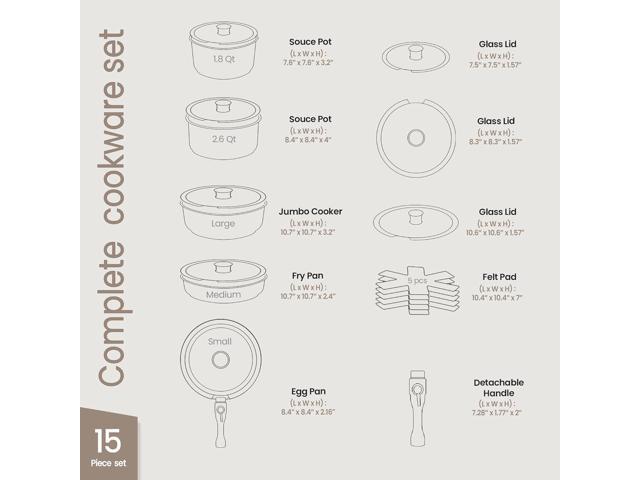 Bakken 15-Piece Non-Stick Cookware Set with Detachable Handles Granite Stackable Pots and Pans Set, Dish Washer Safe, Oven-Safe, and Compatible...