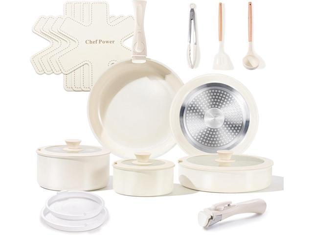 Chef Power Ceramic Cookware Set Non Toxic with Detachable Handles, Healthy Nonstick Pans and Pots Set 19 Pcs, Induction Dishwasher Oven Safe.