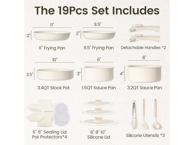 Chef Power Ceramic Cookware Set Non Toxic with Detachable Handles, Healthy Nonstick Pans and Pots Set 19 Pcs, Induction Dishwasher Oven Safe...