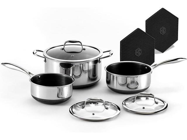 HexClad Hybrid Nonstick 6-Piece Pot Set with 2 Silicone Trivets, 2, 3, and 8-Quart Pots with Tempered Glass Lids, Stay-Cool Handles,.