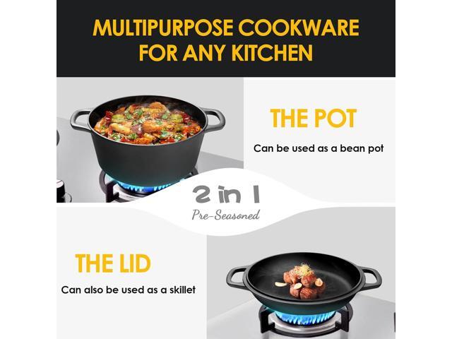 2-in-1 Pre-Seasoned Cast Iron Dutch Oven Pot with Skillet Lid Cooking Pan, Cast Iron Skillet Cookware Pan Set with Dual Handles Indoor Outdoor for...