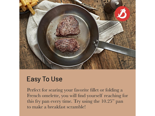 De Buyer MINERAL B Carbon Steel Fry Pan - 10.25 Diameter, 7.3 Cooking Surface - Ideal for Searing, Sauteing & Reheating - PFAS, PFOA & PFOS Free -...