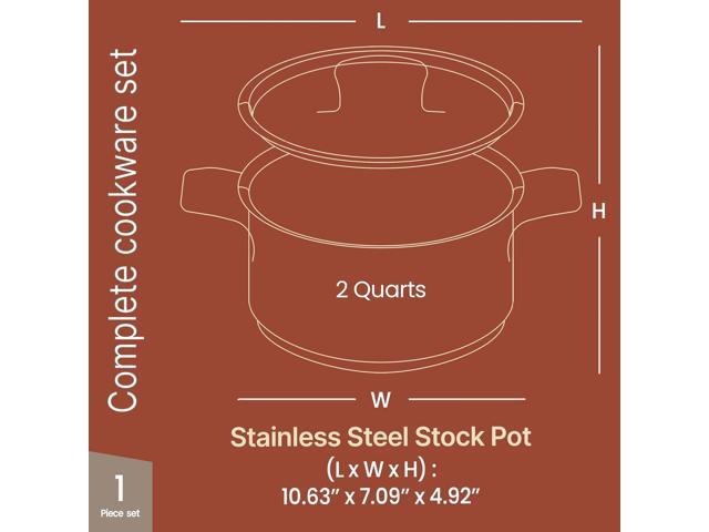 Stainless Steel Stockpot with Lid 2 Quart, Durable 18/8 Stainless Steel, Impact-Bonded Base for Even Heating, Riveted Handles, Oven & All Stove...