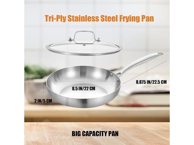 Inqibee 8.5 Inch Tri-Ply Stainless Steel Frying with Lid,Small Skillet,Induction Cooking Pan,Dishwasher and Oven Safe