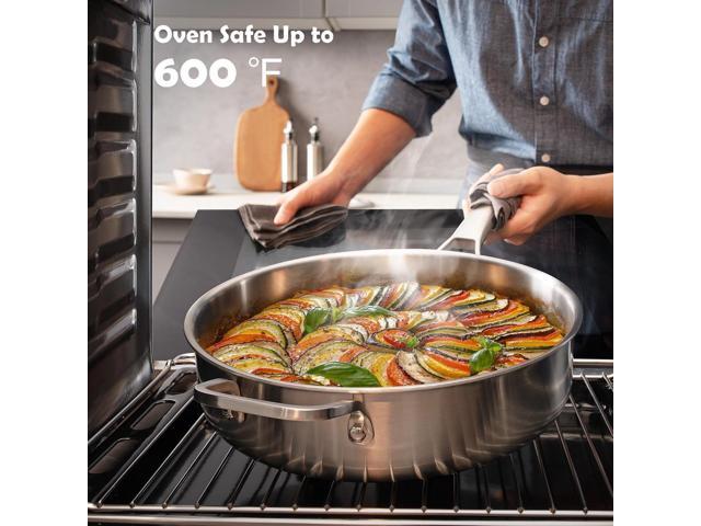 6-Quart Stainless Steel Saute Pan with Lid, 12-Inch Skillet, Dishwasher & Oven Safe, Works on All Cooktops