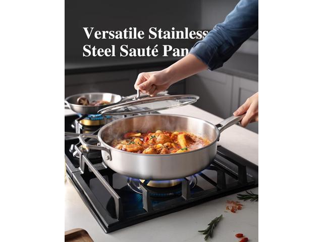 6-Quart Stainless Steel Saute Pan with Lid, 12-Inch Skillet, Dishwasher & Oven Safe, Works on All Cooktops