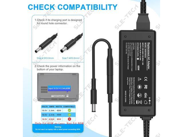 SLE-TECH 65W Laptop Charger Compatible with Dell inspiron 13 14 15 17 3000 5000 7000 Series Round Connects Chargers7.4mm and 4.5mm