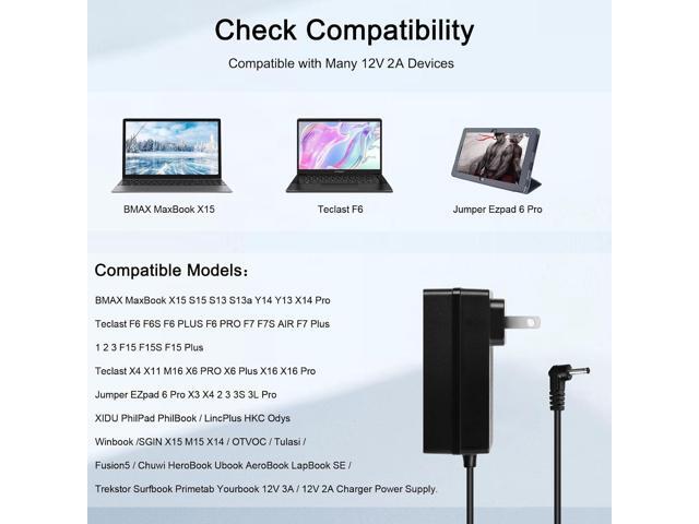 12V 3A 2A Charger Compatible with BMAX MaxBook X15 S15 S13 S13a Y14 Y13 X14 Pro TECLAST F15 F15S F7S F7 F6S F6 X16 X6 X4 X11 M16 pro Plus 2 3 BMax...