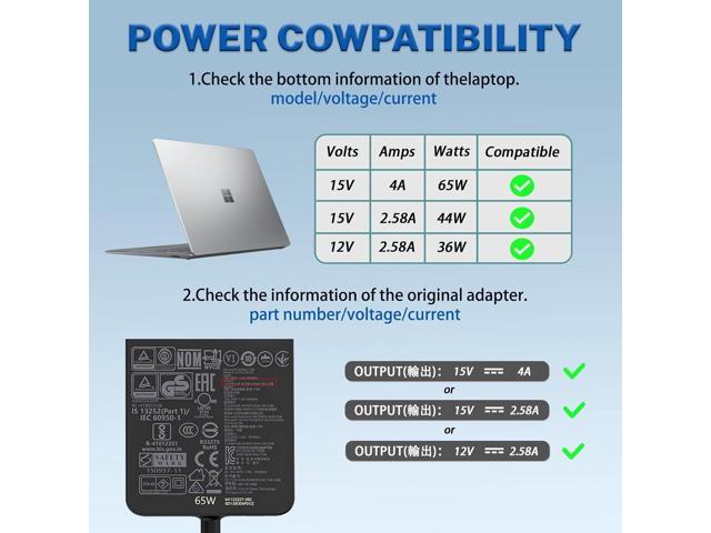 65W 44W 1796 1706 1800 1625 Laptop Charger Compatible with Microsoft Surface Pro 10 9 8 7+ 7 6 Windows 5 4 3 2 Fit Model 1876 1943 1950 1958 1866...
