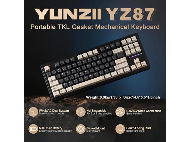 YUNZII YZ87 Gasket Mechanical Keyboard,TKL Wireless Hot Swappable with 5-Layer Padding, BT5.0/2.4G/USB-C NKRO RGB Backlit for Win/Mac (Black, Milk...