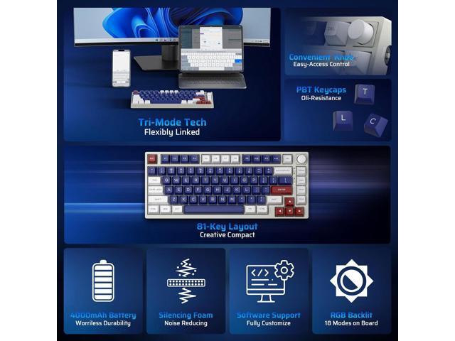 LTC Nimbleback NB831 Wireless 75% 3-Mode BT5.0/2.4Ghz/USB-C Wired Hot Swappable Mechanical Keyboard, 81-Keys RGB Compact Gaming Keyboard with Knob,...