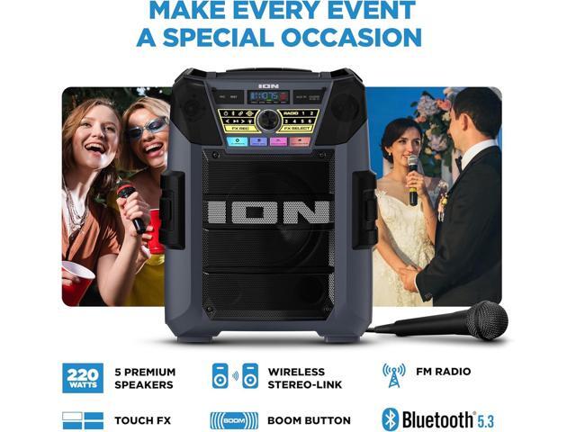 ION Block Rocker XL - Portable Bluetooth Outdoor Party Speaker, 220W, with Karaoke Microphone, Battery, 5 Speakers, Lights, Radio, USB Charging & App