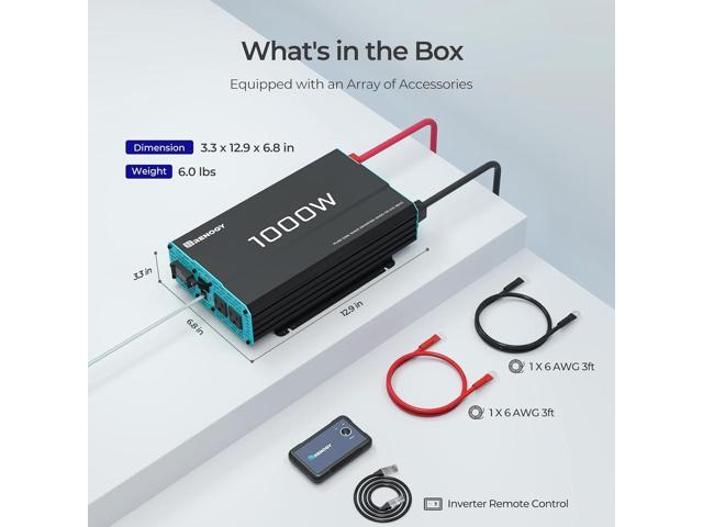Renogy 1000W Pure Sine Wave Inverter 12V DC to 120V AC Converter for Home, RV, Truck, Off-Grid Solar Power 110V with Built-in 5V/2.1A USB Port,...