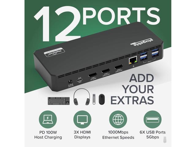 Plugable USB C Triple Display Docking Station with Laptop Charging, for Thunderbolt, USB4, or USB-C Systems, Compatible with Windows, macOS,...