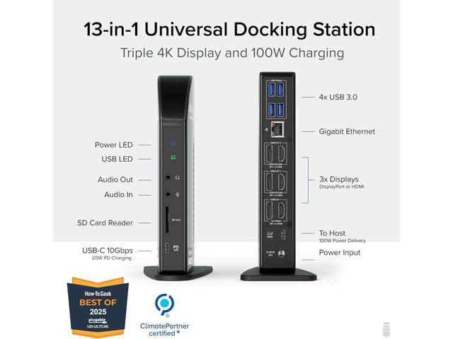 Plugable 13-in-1 USB C Docking Station 4K Triple Monitor with 100W Power Delivery USB C Dock for Windows, Mac, ChromeOS, Thunderbolt Driver...