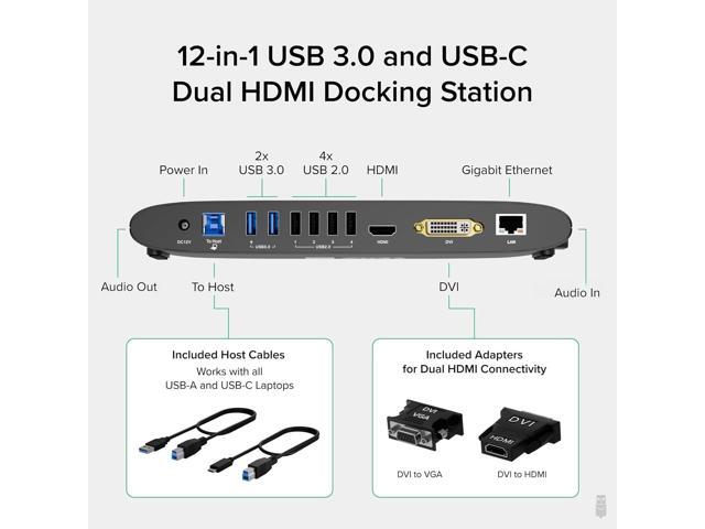 Plugable USB 3.0 Universal Docking Station for Windows, macOS, ChromeOS (Dual HDMI Monitors or DVI/VGA, Gigabit Ethernet, Audio, 6 USB Ports)