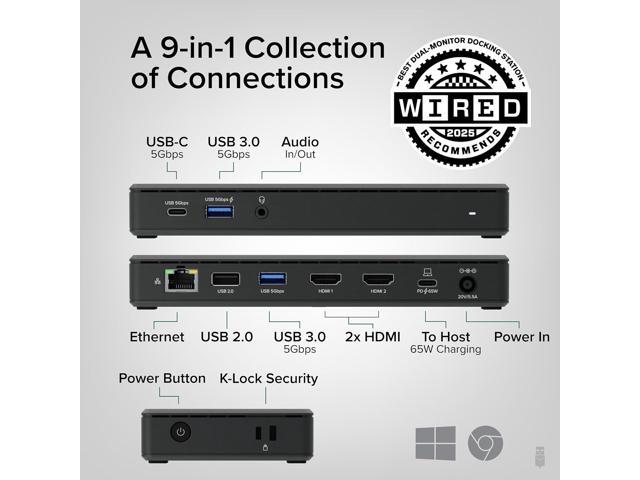 Plugable USB-C Docking Station Dual 4K 60Hz HDMI, 65W Charging, Gigabit Ethernet, 1x USB-C 5Gbps, 3X USB-A, Audio, Windows/ChromeOS,...