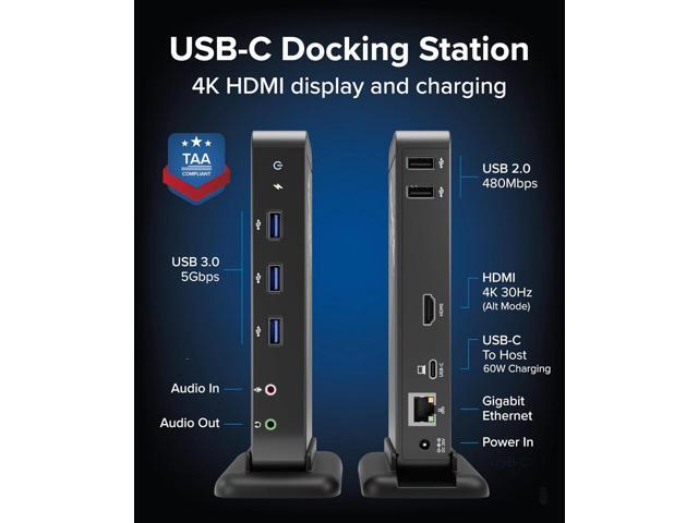 Plugable USB-C Dock 4K HDMI, 60W Charging, Ethernet, USB 3.0/2.0 Ports USB-C Docking Station with Power for Windows and Chromebook
