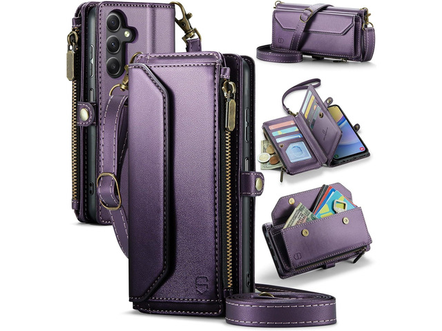 Wallet Case Compatible with Samsung Galaxy A15 5G RFID Blocking Card Holder Soft PU Leather Magnetic Snap Shoulder Strap Zipper Pocket Phone Case...